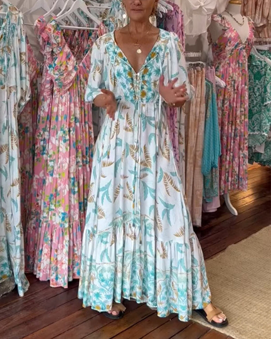 Maxi-jurk met bladprint voor dames met V-hals