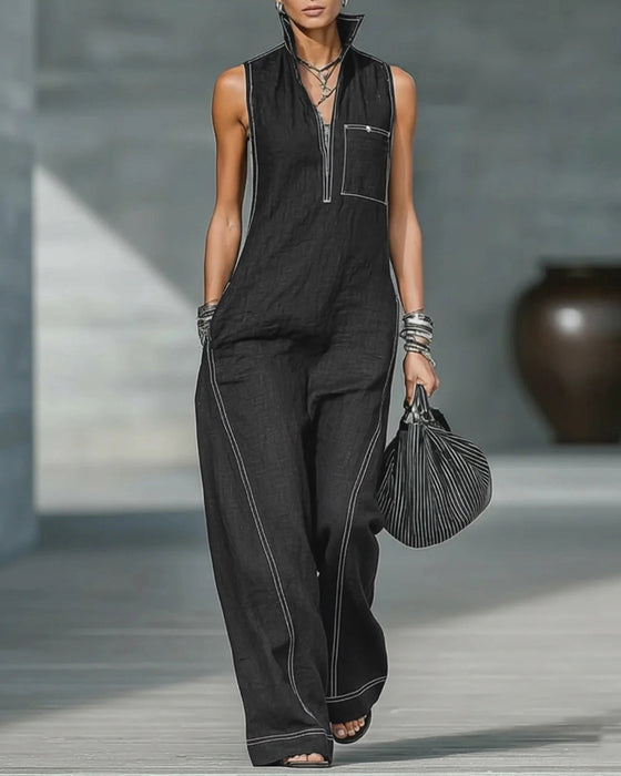 Jumpsuits Mandarin Kraag Mouwloos Zwart En Wit Breed Been