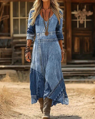 Jurk retro v-hals lange mouwen bedrukt