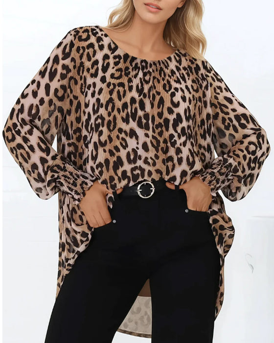 Blouse Ronde Hals Luipaard Onregelmatig Lantaarn Mouw