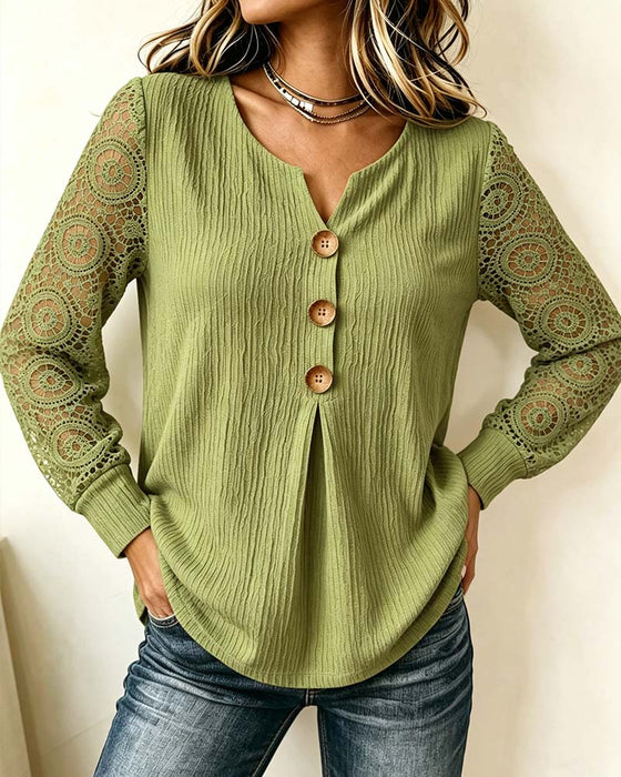 Blouse V-hals Knoopsluiting Lange Mouw