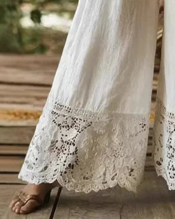 Broek Elastische Taille Trekkoord Kant Patchwork Wijde Pijp