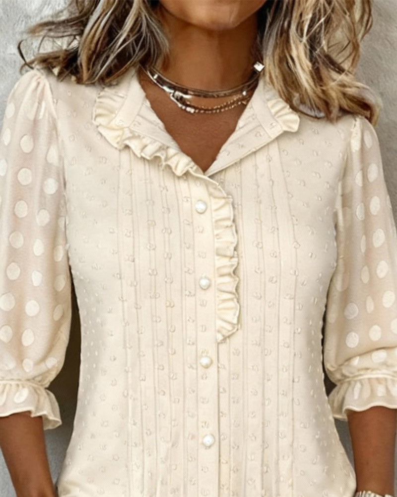 Jacquard Blouse Met Ruches In Modieuze Stijl