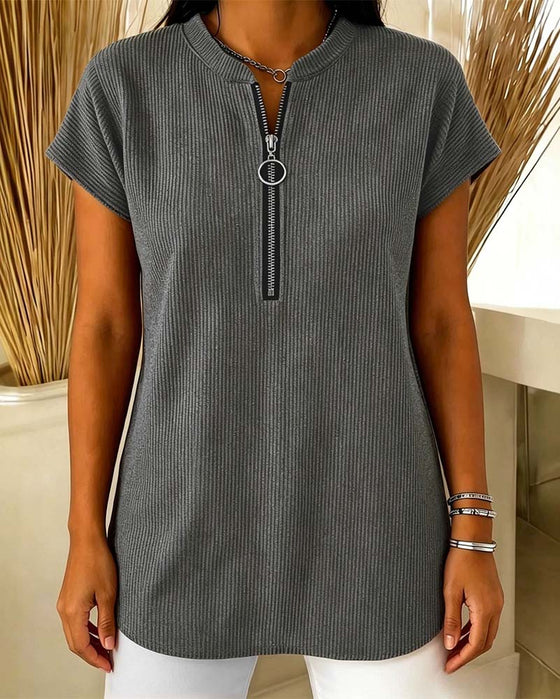 Blouse Effen Korte Mouw Rits