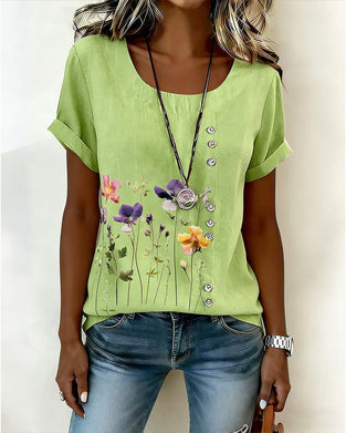 T-Shirt Bloemig Print Ronde Hals Korte Mouw