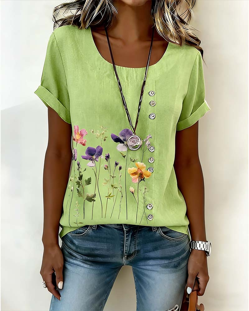 T-Shirt Bloemig Print Ronde Hals Korte Mouw