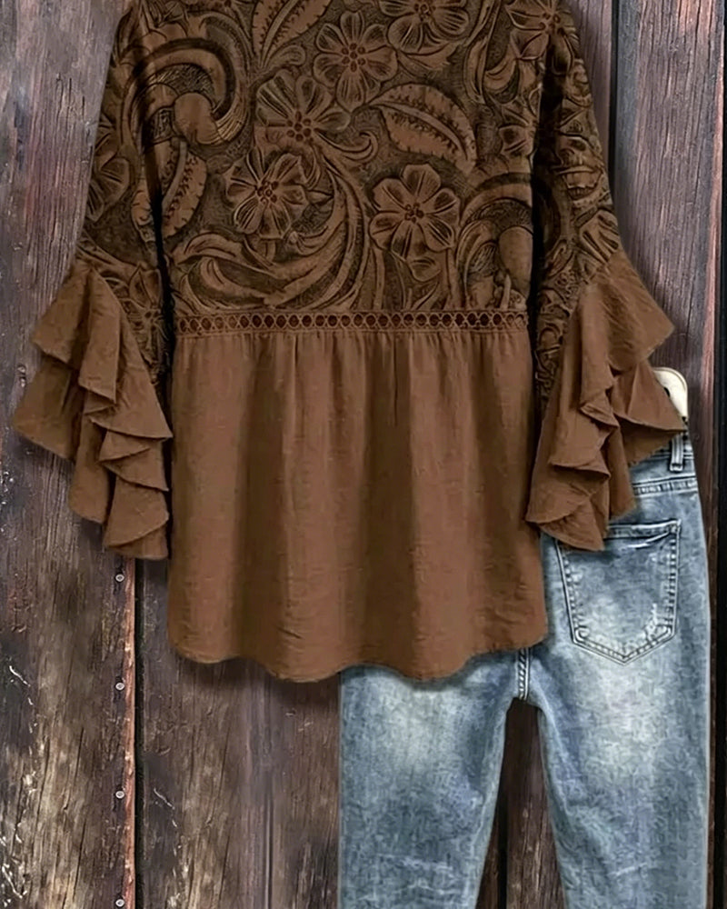 Blouse Vintage Bloemenprint Asymmetrische Ruche Mouw