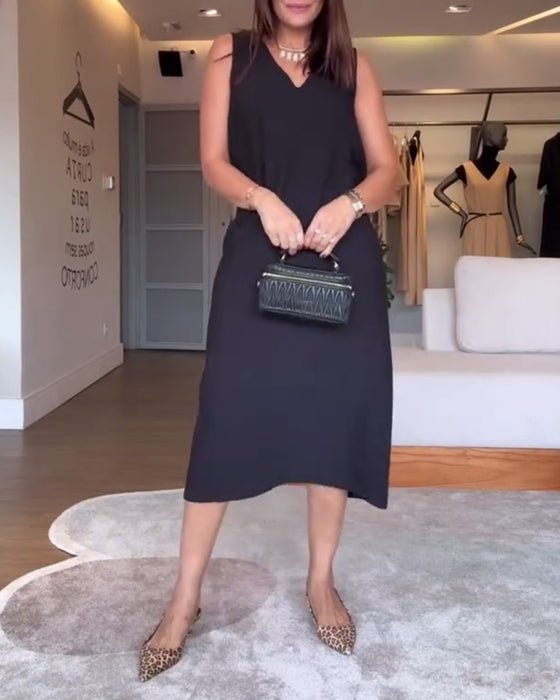 Jurk casual v-hals mouwloos effen kleur split