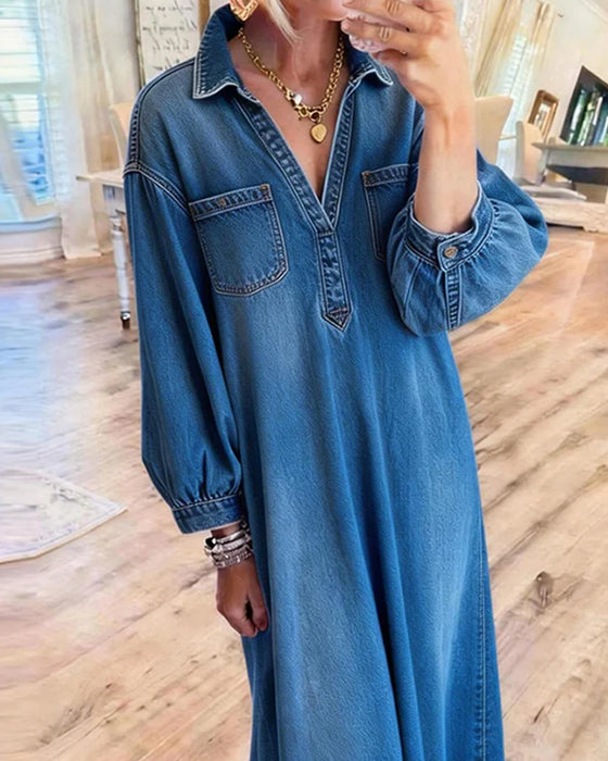 Jurk Denim Shirt Stijl Maxi