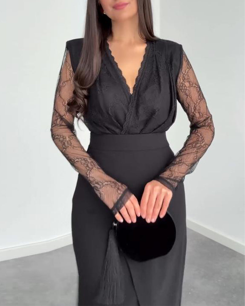 Tweedelig Set Met V-Kraag Kant Top, Asymmetrische Midirok En Elegante Stil