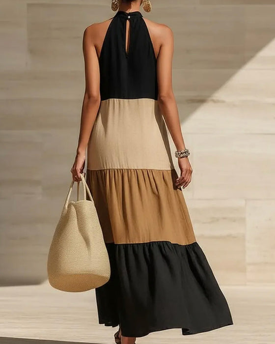 Jurken Halter Off-Shoulder Patchwerk Kleurblok