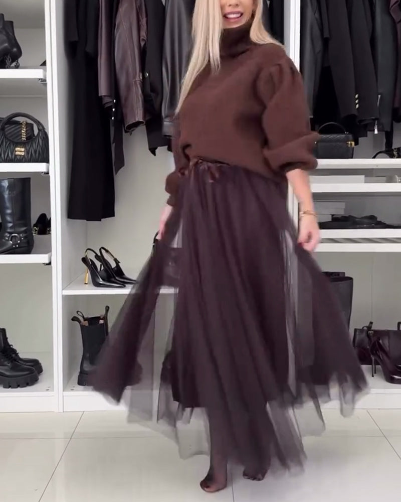 Casual effen mesh geplooide rok met veter