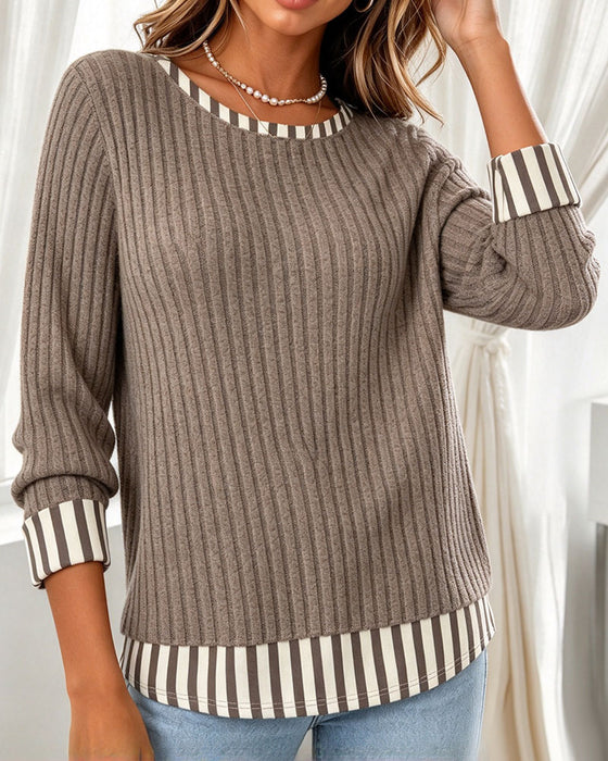 Top Ronde Hals Geribbeld Gestreept Patchwork