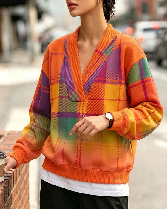 Sweatshirt V-Hals Ruit Casual