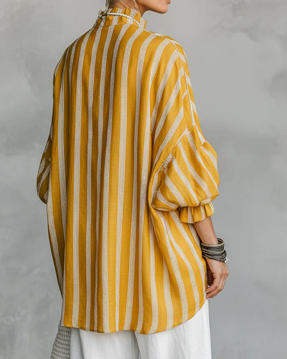 Blouse Staande Kraag Lantarenmouw Gestreept