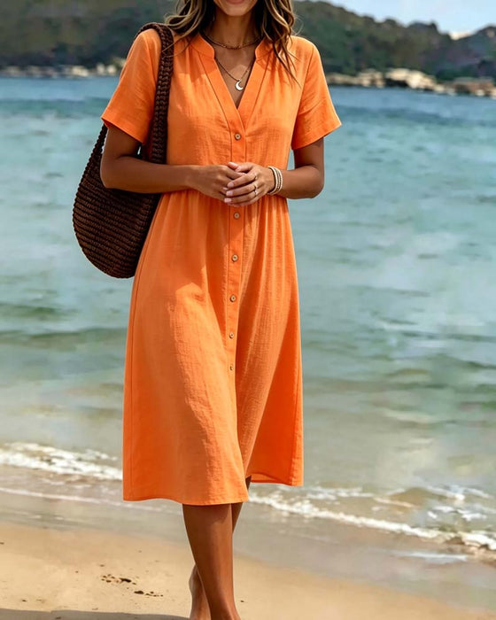 Jurk V-hals Knoopsluiting Resort Stijl