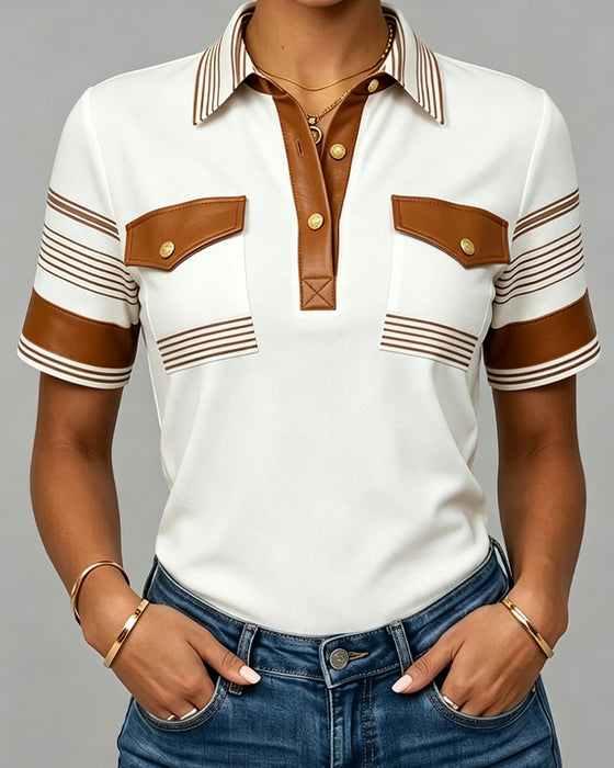 T-Shirt Kraag Knoop Gestreept Korte Mouw