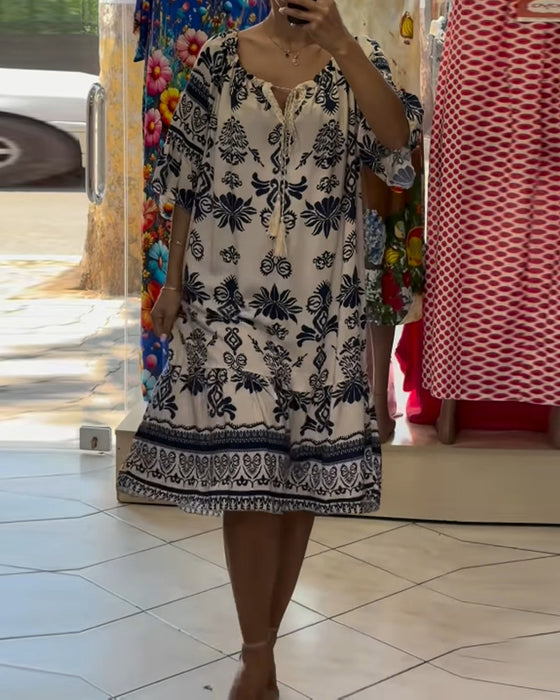 Jurk Ronde Hals Gedrukt Trompet Korte Mouwen