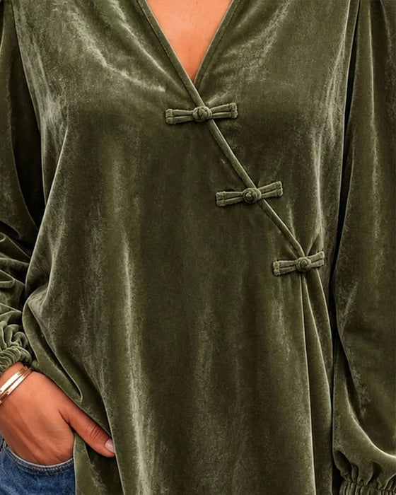 Blouse V-Hals Knoop Voor Cross Over Pofmouw