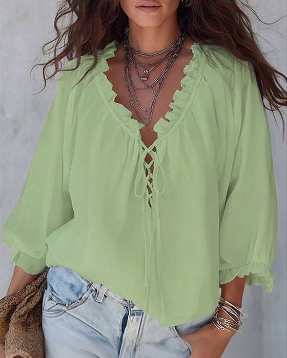 Blouse V-hals Vetersluiting