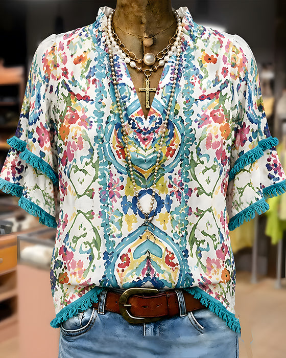 Shirt V-Hals Franje Ruffle Etnisch
