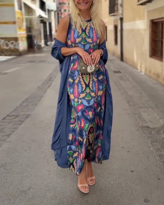 Set Mouwloze Lange Jurk Met Lange Vest
