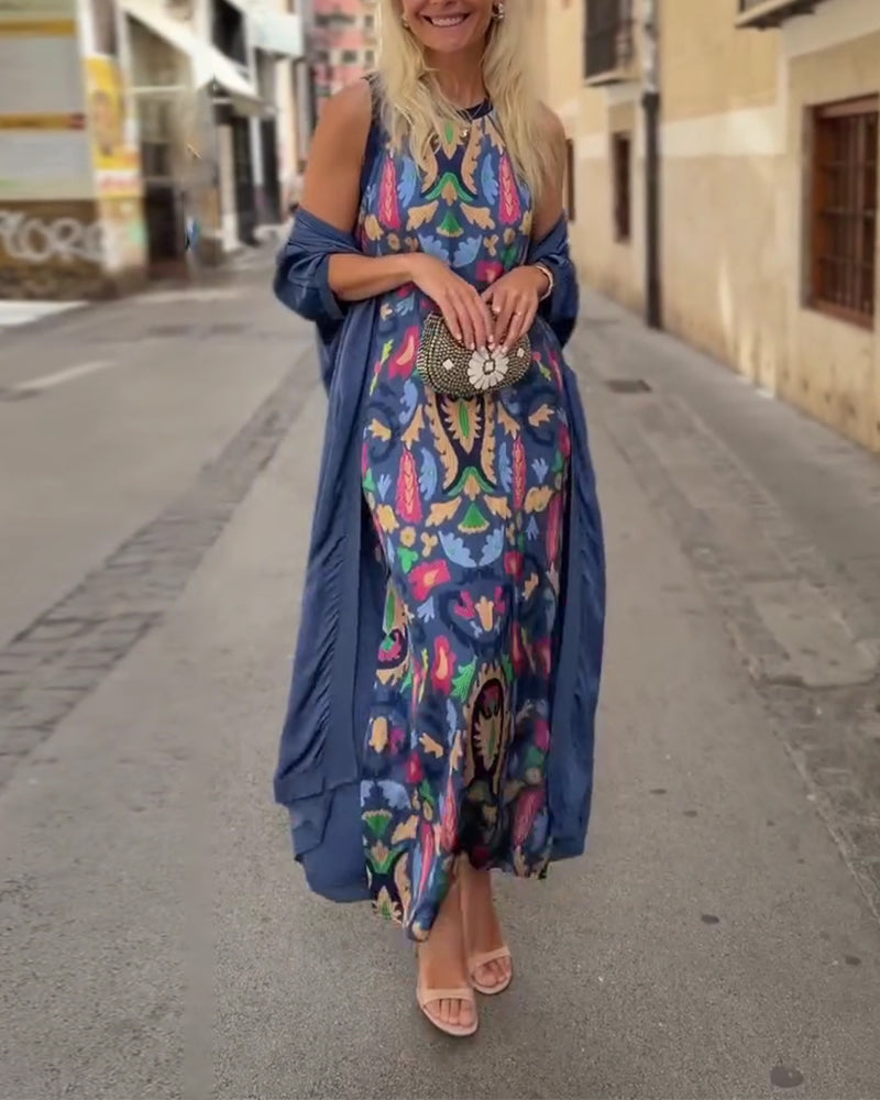Set Mouwloze Lange Jurk Met Lange Vest