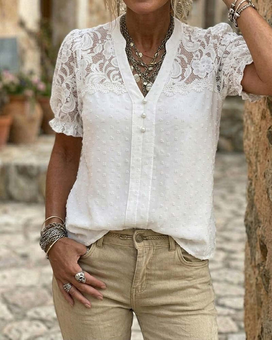 Blouse Kant Patchwork Pofmouw V-Hals