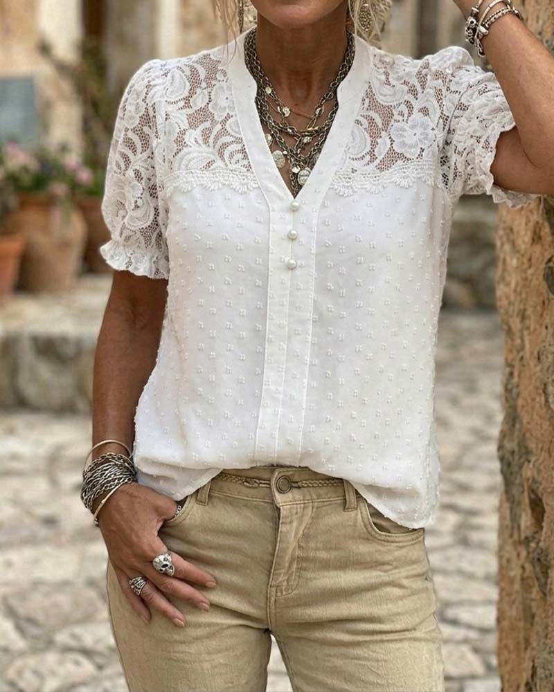 Blouse Kant Patchwork Pofmouw V-Hals