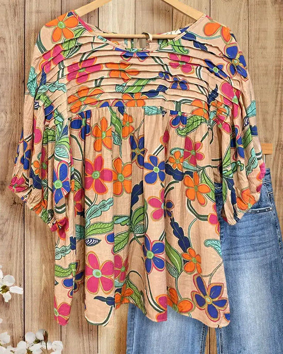 Blouse Geplisseerd Bloem Ronde Hals
