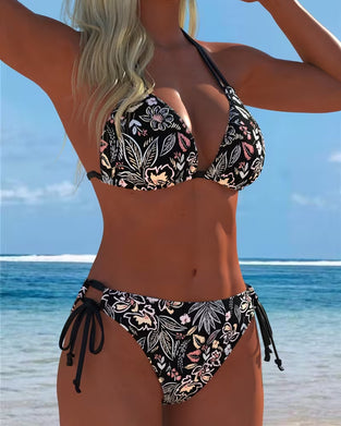 Bikini Bloemenprint Halsband Vastbinden Tweedelige Bikini