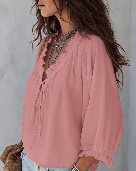 Blouse V-hals Vetersluiting