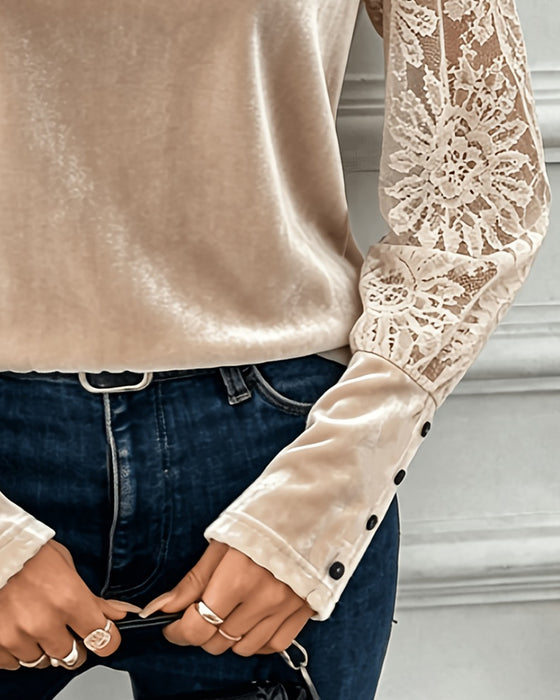 Blouse Rondhals Kant Knoop Effen
