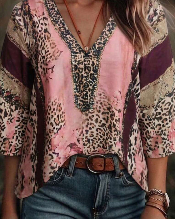 Blouse V-Hals Luipaard Kleurblok
