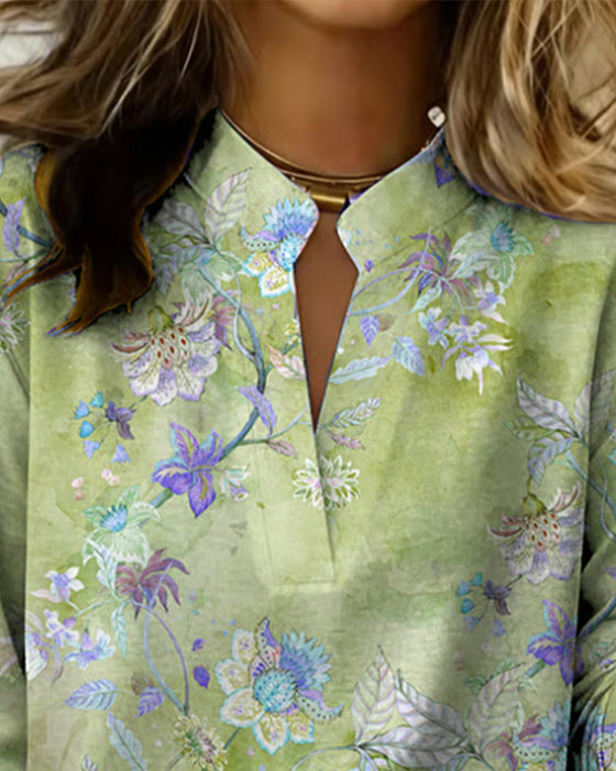 Blouse Opstaande Kraag Lange Mouw Bloemen