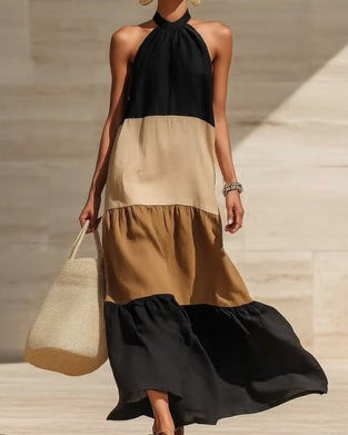 Jurken Halter Off-Shoulder Patchwerk Kleurblok