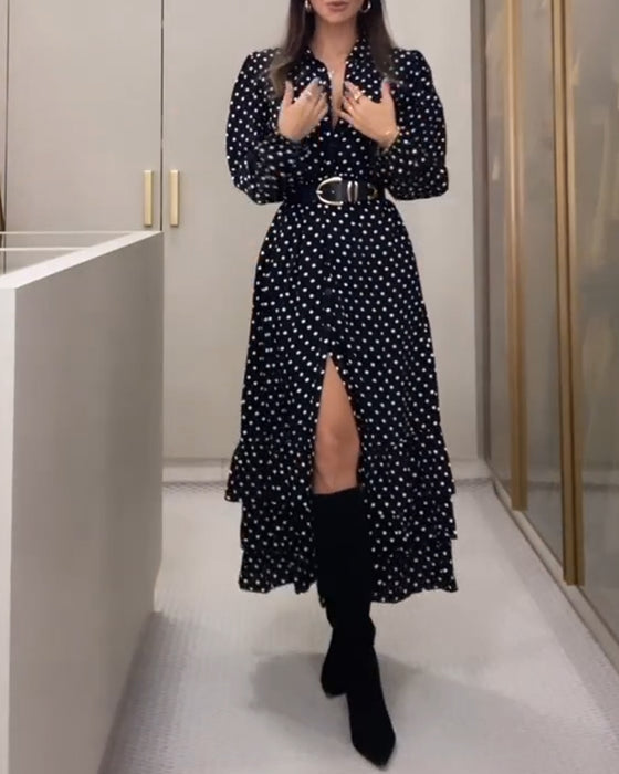 Modieuze polkadot jurk met knoop split en ruche