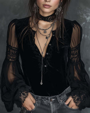 Blouse Dichtgeknoopt V-Hals Poofmouw