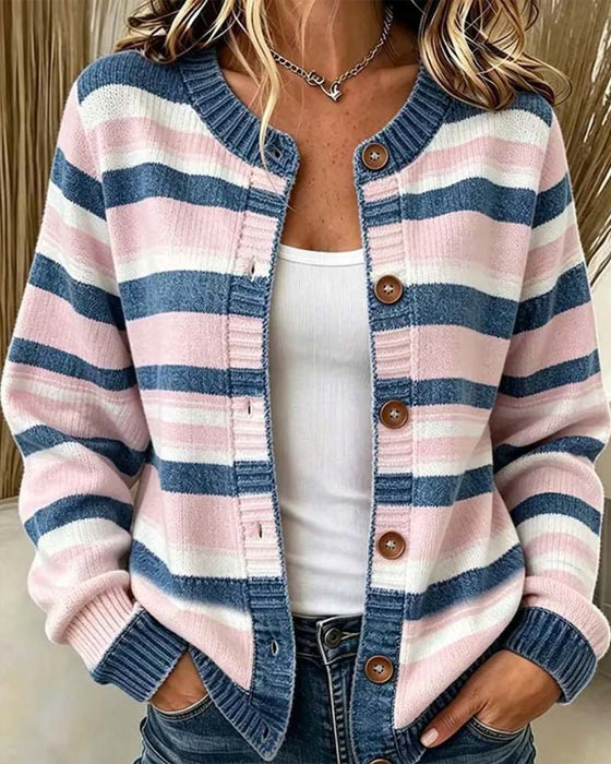 Cardigan Gestreept Ronde Hals Enkelrijg