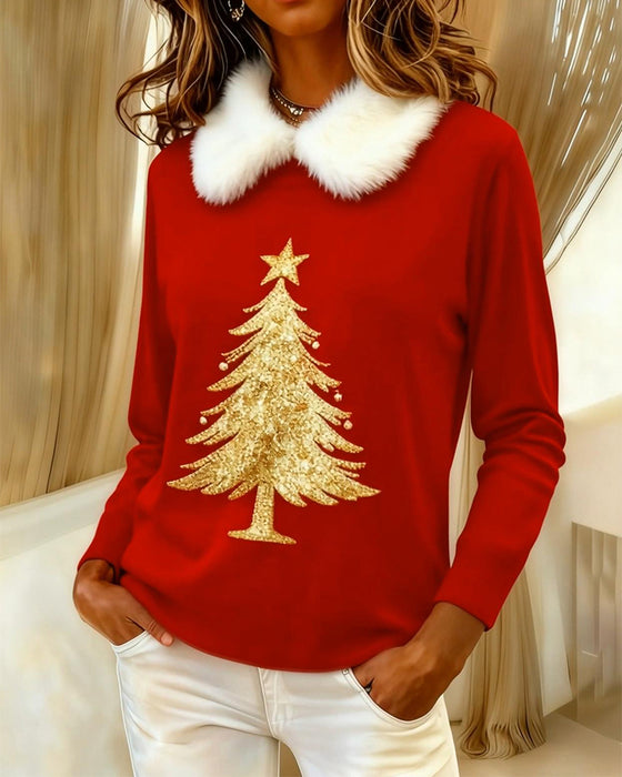 Geprinte Langmouwige Top Met Bontkraag