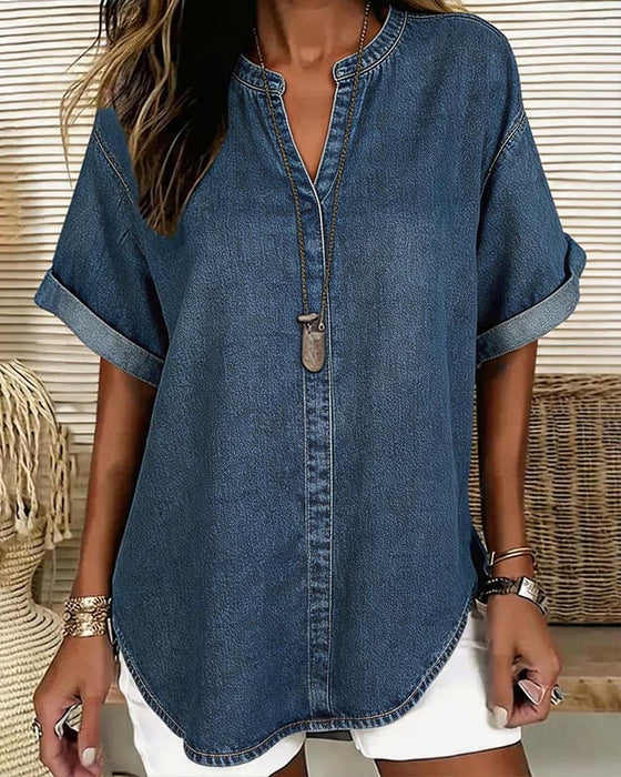 Blouses V-Hals Denim Korte Mouw
