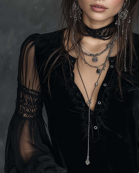 Blouse Dichtgeknoopt V-Hals Poofmouw