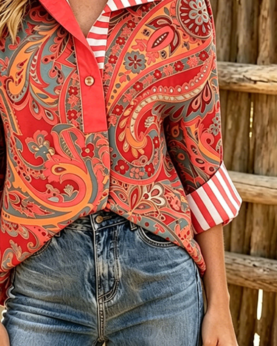 Blouse Patchwork Bloemen Afdruk Casual