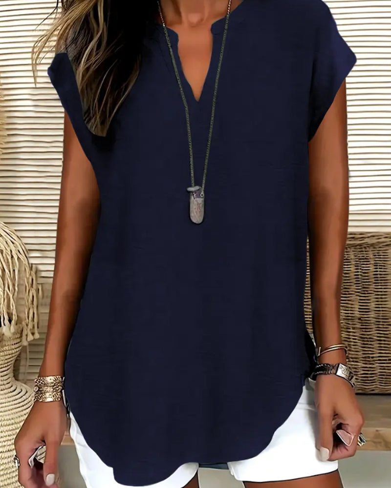 Blouse Casual Drop Schouder V-Hals Korte Mouw