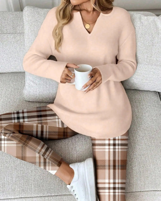 Set V-Hals Effen Top + Ruit Broek Loungewear
