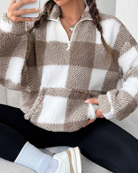 Sweatshirt Half-Zip Staande Kraag Ruitpatroon