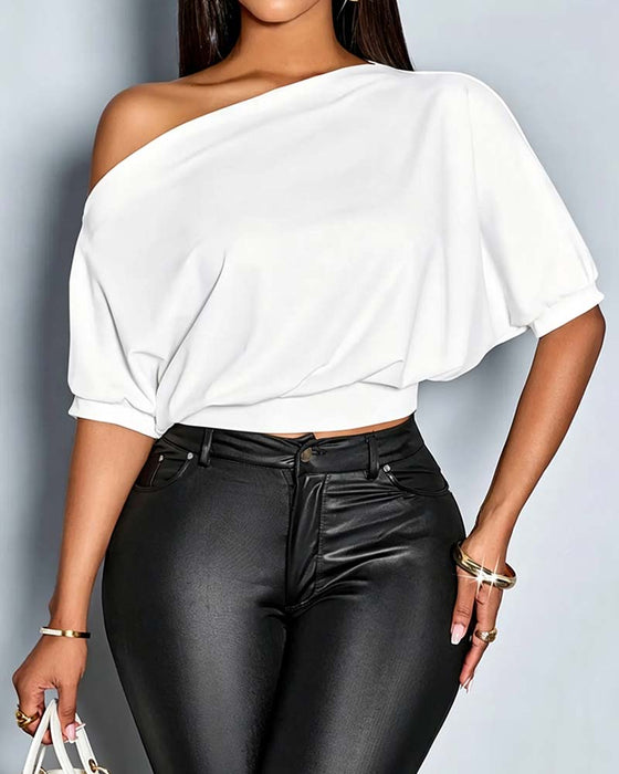 T-shirt Effen Kleur Een Schouder