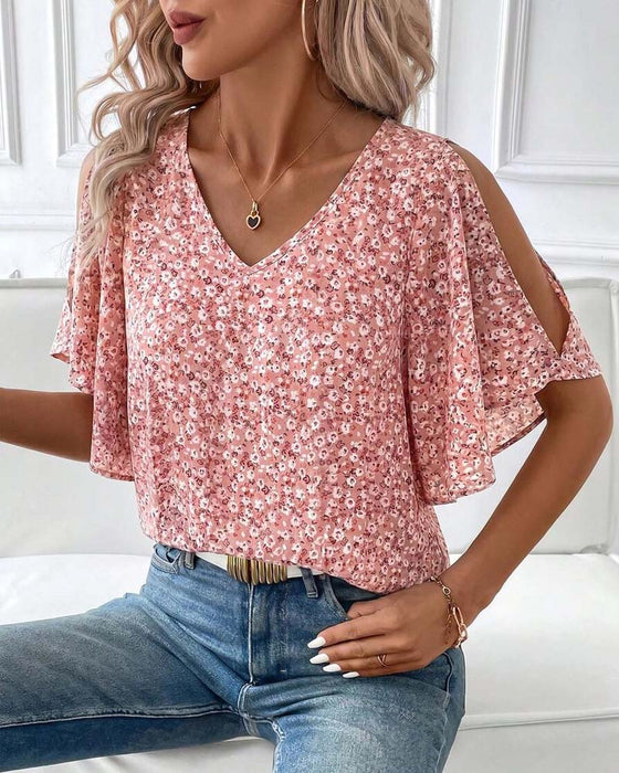 Blouse V-Hals Bloemen Off-Shoulder Flutter Mouw