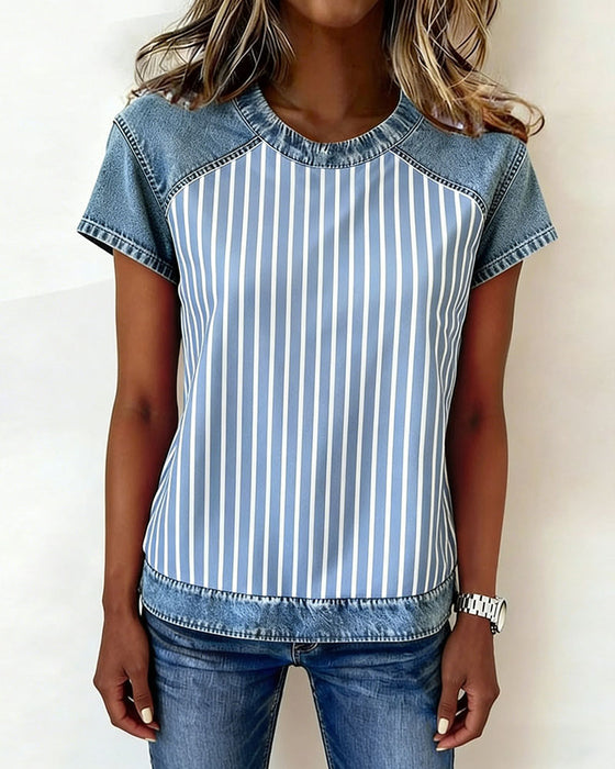 T-Shirt Denim Patchwork Gestreept Korte Mouw