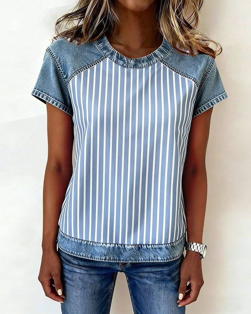 T-Shirt Denim Patchwork Gestreept Korte Mouw
